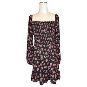 Smocked Floral Mini Dress Medium Long Sleeve Cottagecore Square Neck Black Pink